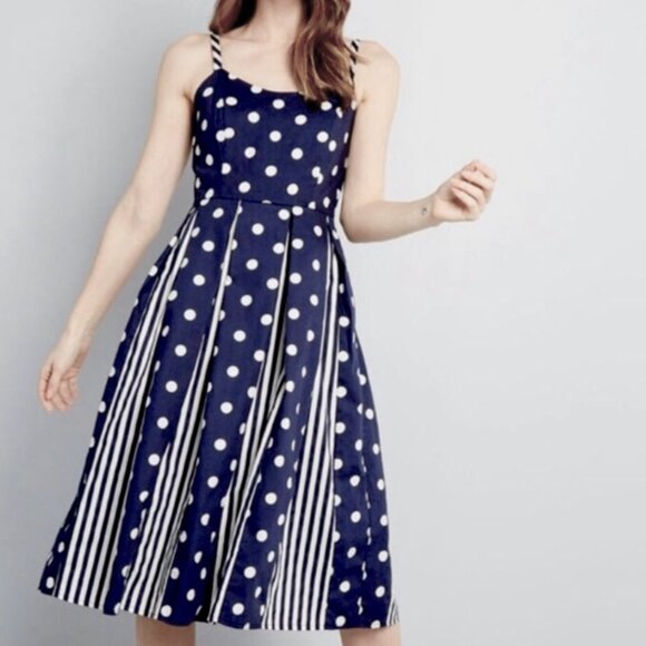 ModCloth | Celebrated Style Fit & Flare Polka Dot Stripe Midi Sundress Navy | 14 - Picture 1 of 11